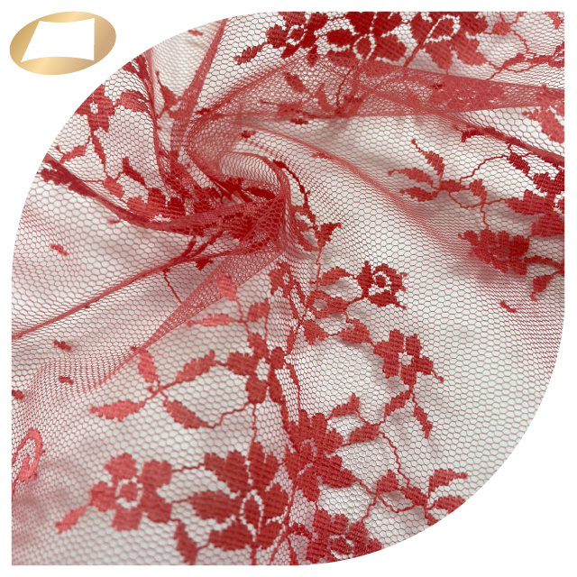 See through red floral mesh 100% nylon veil net fabric