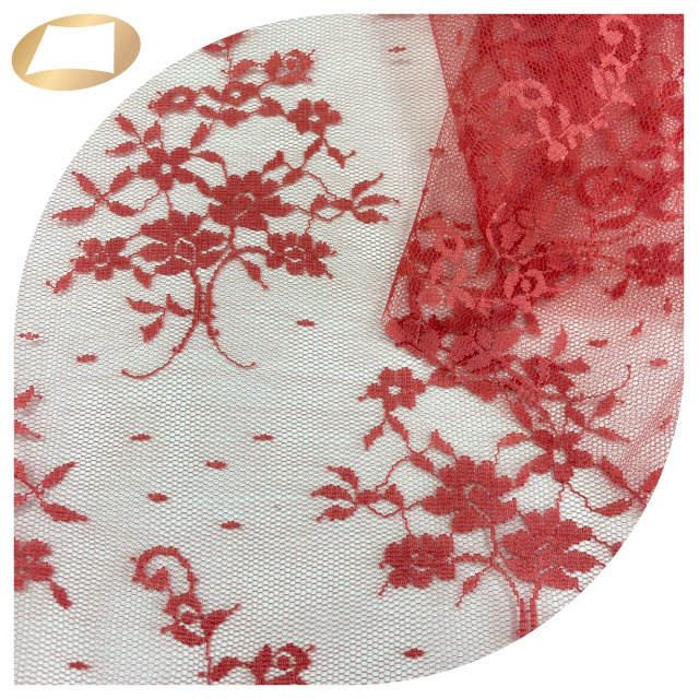 See through red floral mesh 100% nylon veil net fabric