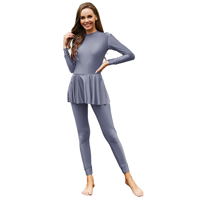 Solid Color Long Sleeve Trousers Full Coverage Arabian One Piece Swimsuit muslim swimwear women 2023