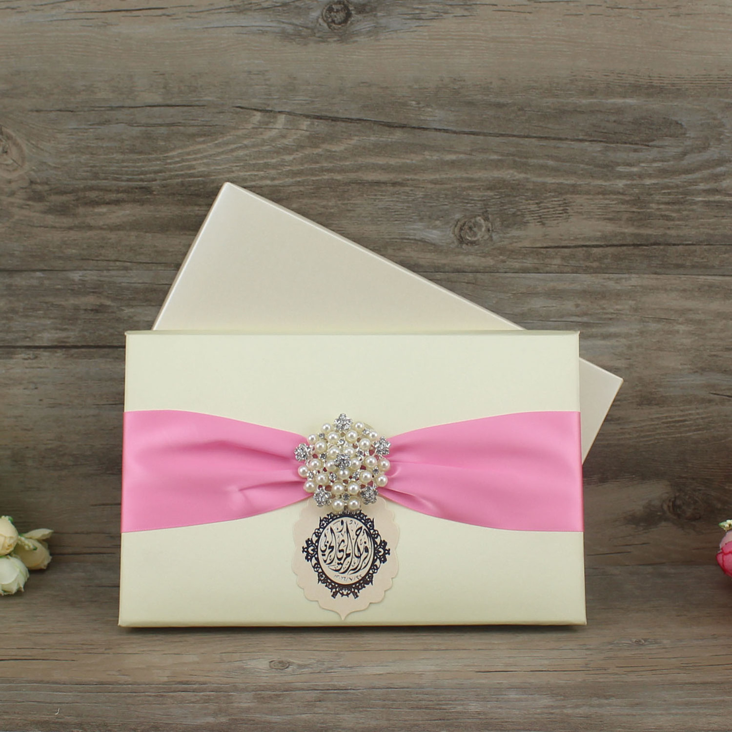 pink wedding invitation cards with ribbon and buckle and hardcover fabric invitation cards custom RSVP cards