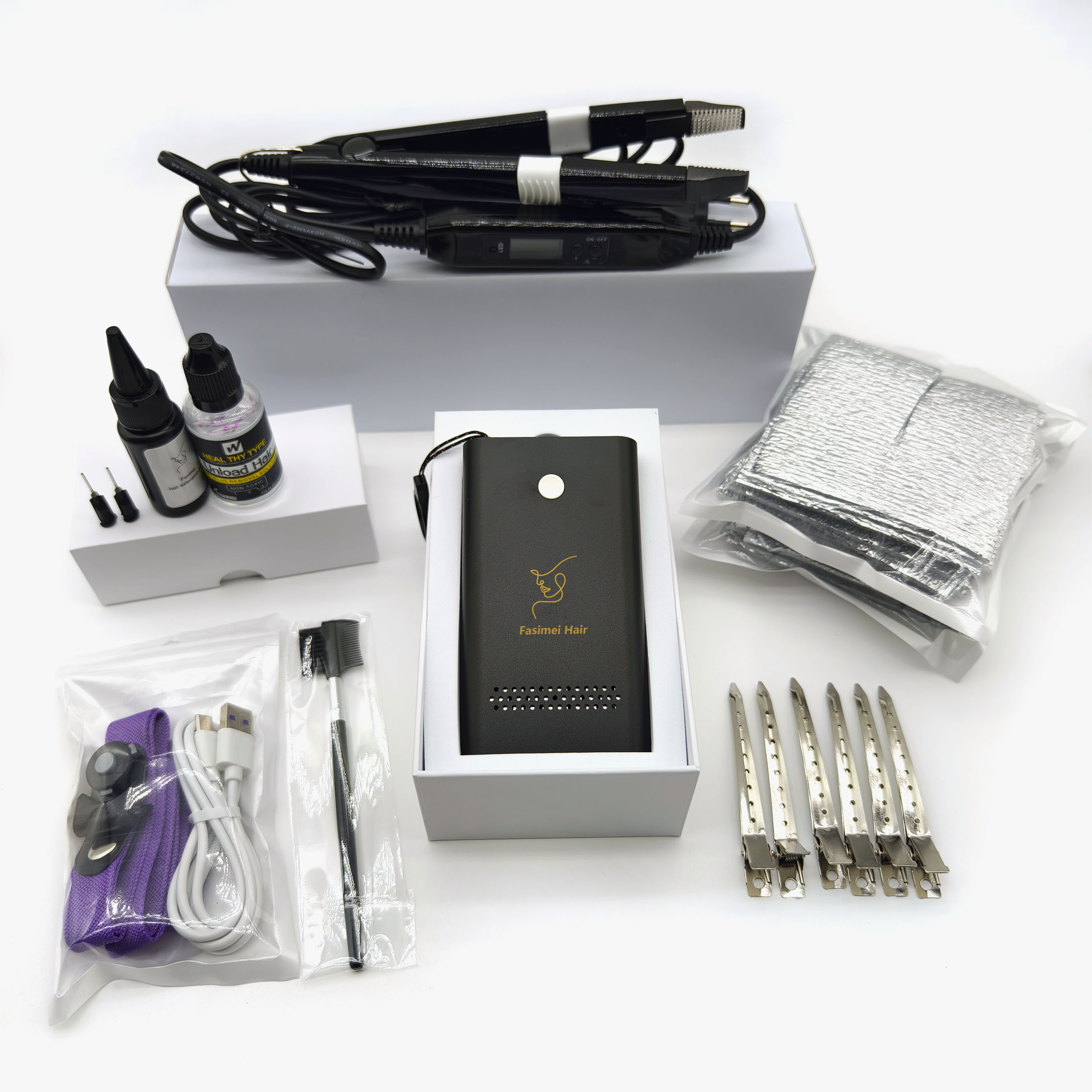 Fasimei wholesale glue hair extension applicator v light machine tool kit set UV Clear glue Black Glue for bulk hair