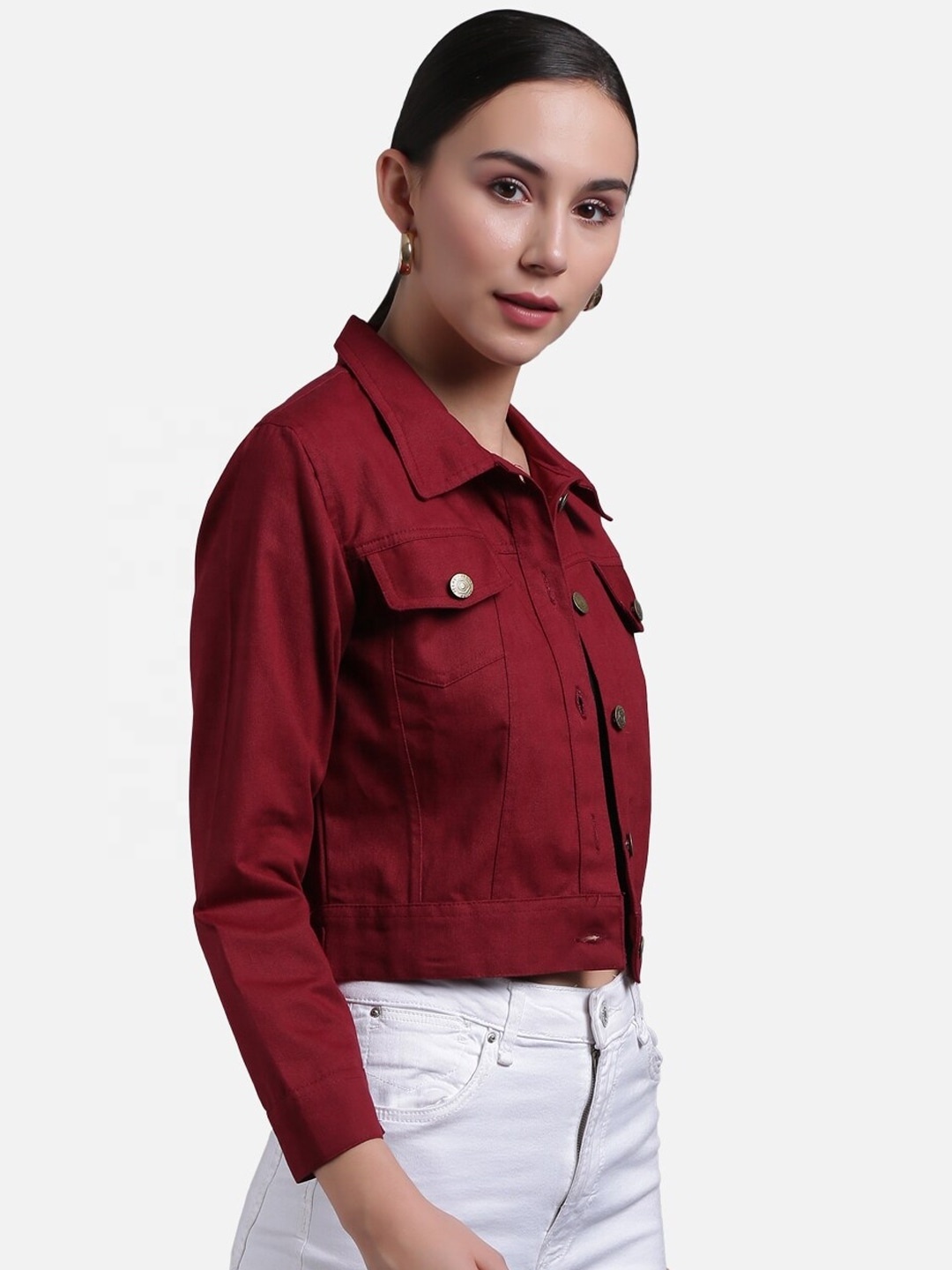 2022 Spring and Autumn solid red maroon Color jeans jacket  Casual Loose crop Denim Jean Jackets for Women