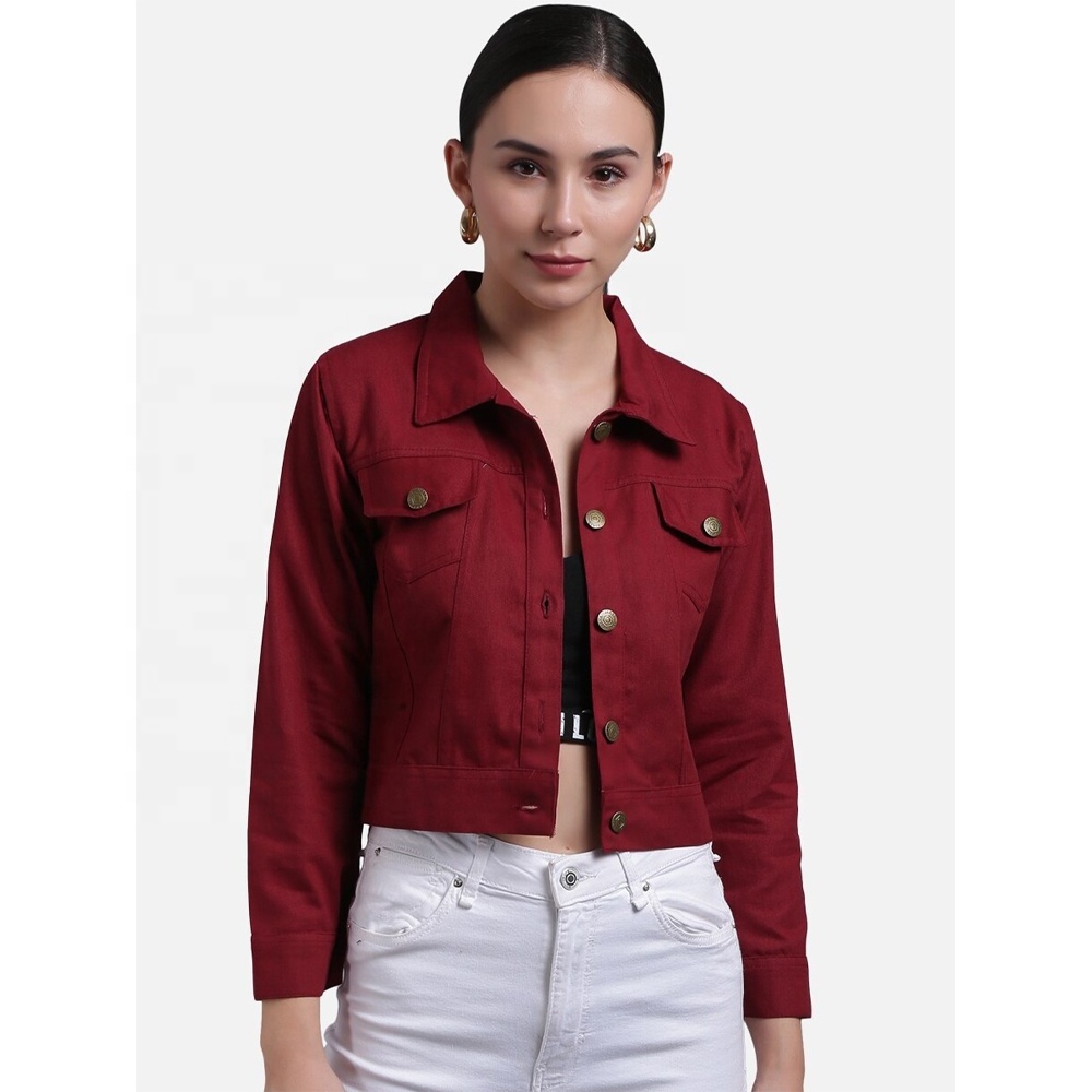 2022 Spring and Autumn solid red maroon Color jeans jacket  Casual Loose crop Denim Jean Jackets for Women