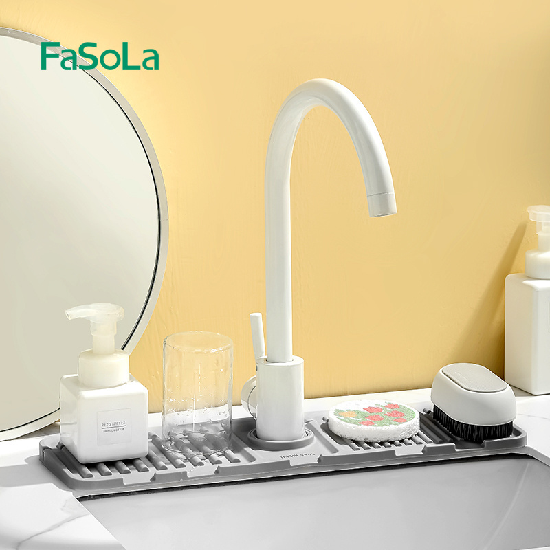 FaSoLa Silicone Faucet Handle Drip Catcher Tray Mat Silicone Faucet Mat Dish Soap Sponge Holder Drying Mat for Kitchen Sink