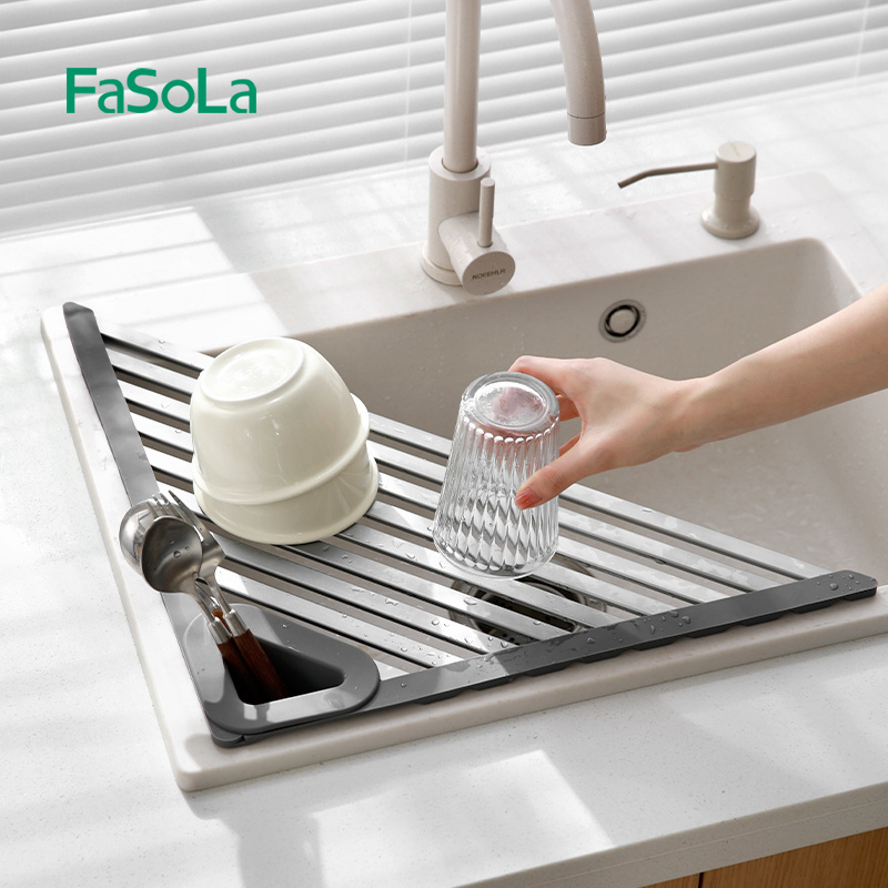 FaSoLa Triangle Roll Up Dish Drying Rack Over The Sink Dish Drying Rack Kitchen Rolling Dish Drainer Foldable Sink Rack Mat