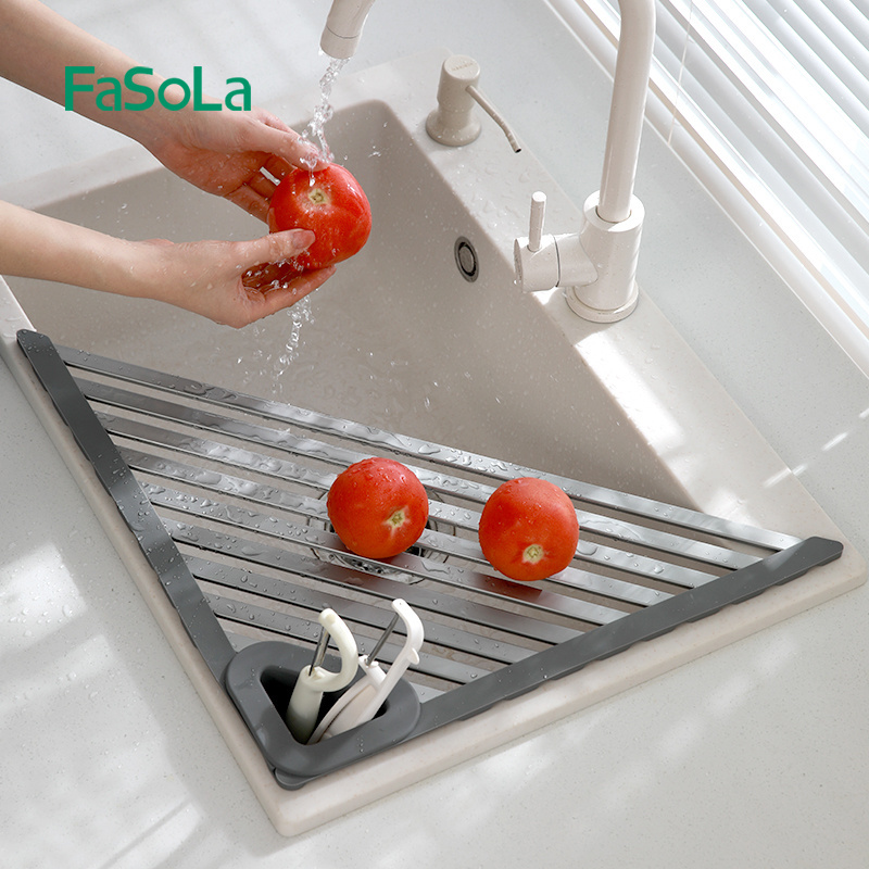 FaSoLa Triangle Roll Up Dish Drying Rack Over The Sink Dish Drying Rack Kitchen Rolling Dish Drainer Foldable Sink Rack Mat