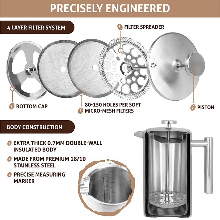 Custom 8-Cup Double Wall Vacuum Insulated Stainless Steel French Coffee Press 34oz Coffee Tea Maker with Stainless Steel Plunger