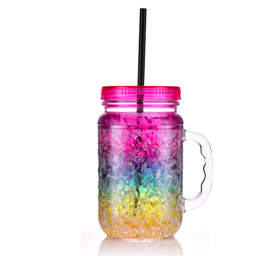 Custom 20OZ Plastic Mason Jar Double Wall Gel Frosty Freezer Mug with Lid and Straw