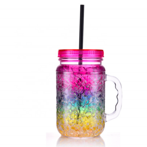 Custom 20OZ Plastic Mason Jar Double Wall Gel Frosty Freezer Mug with Lid and Straw