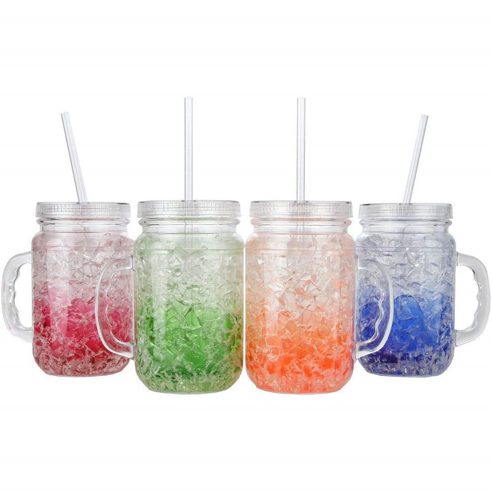 Custom 20OZ Plastic Mason Jar Double Wall Gel Frosty Freezer Mug with Lid and Straw