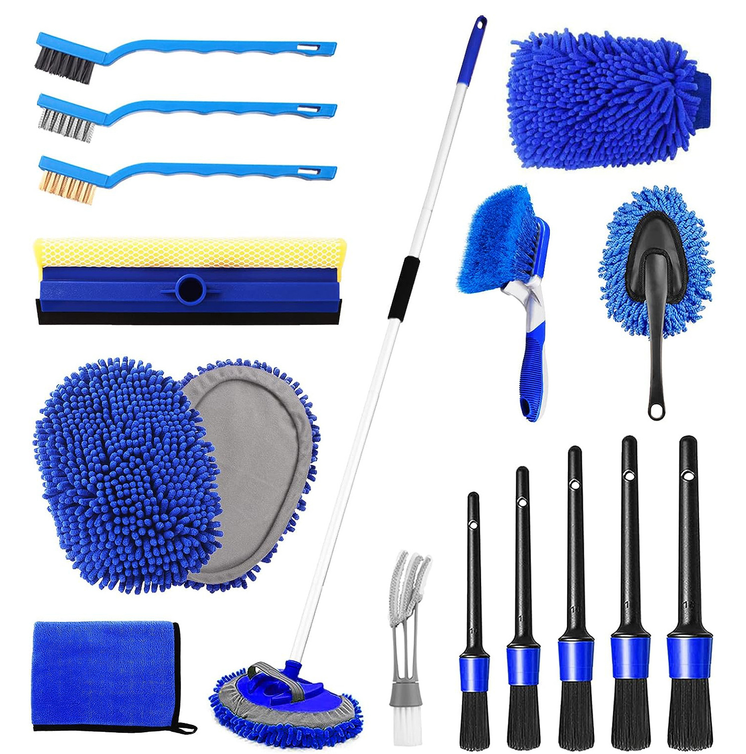 62'' Car Wash Brush Kit with Long Handle Mitt Mop Sponge Chenille Replacement Head Car Wheel Tire Brush and Detailing Brushes