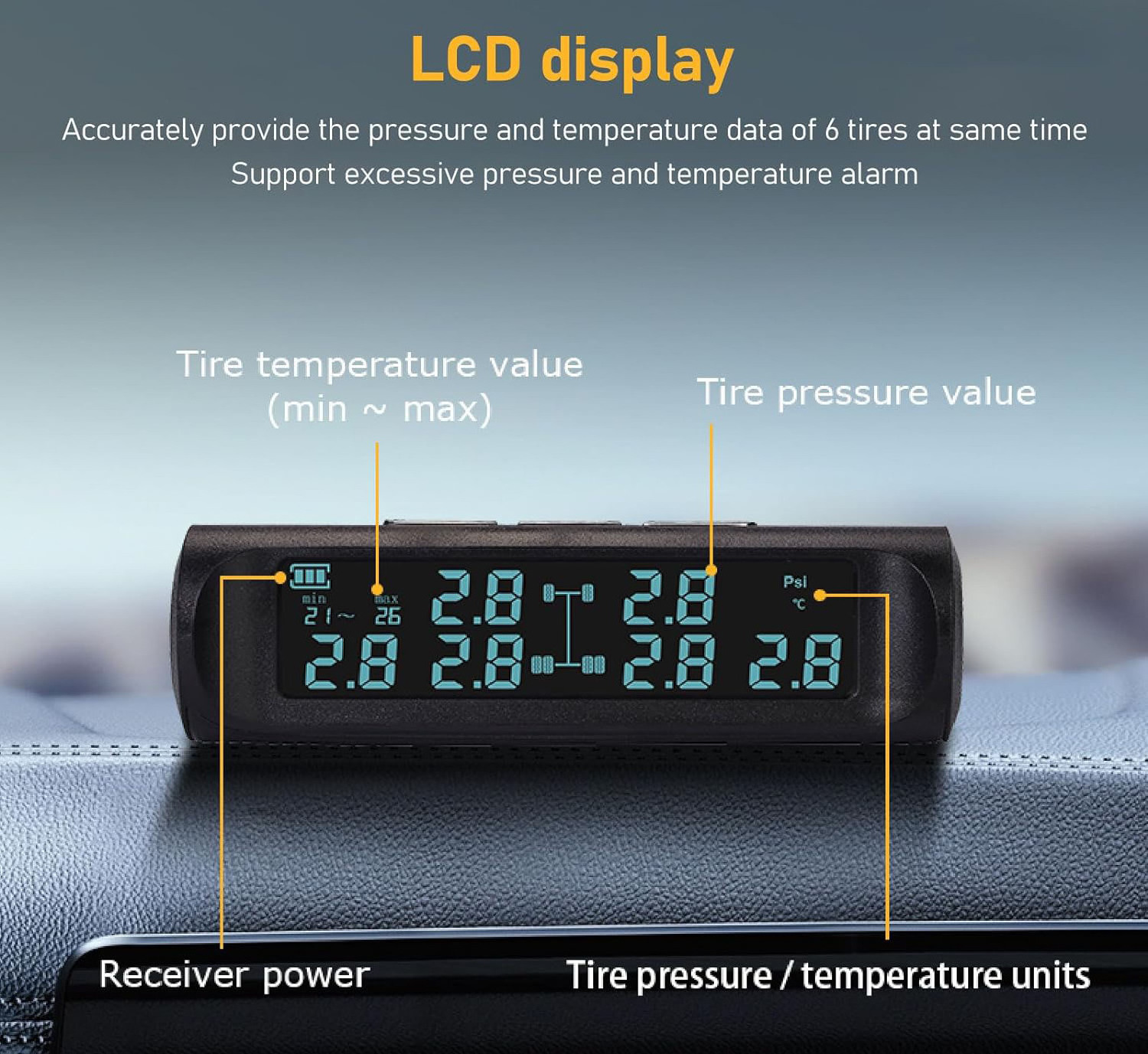 Tire Pressure Monitoring System Wireless Solar Rv TPMS Sensor Kit with 6 Tire Pressure Sensors and LCD Display