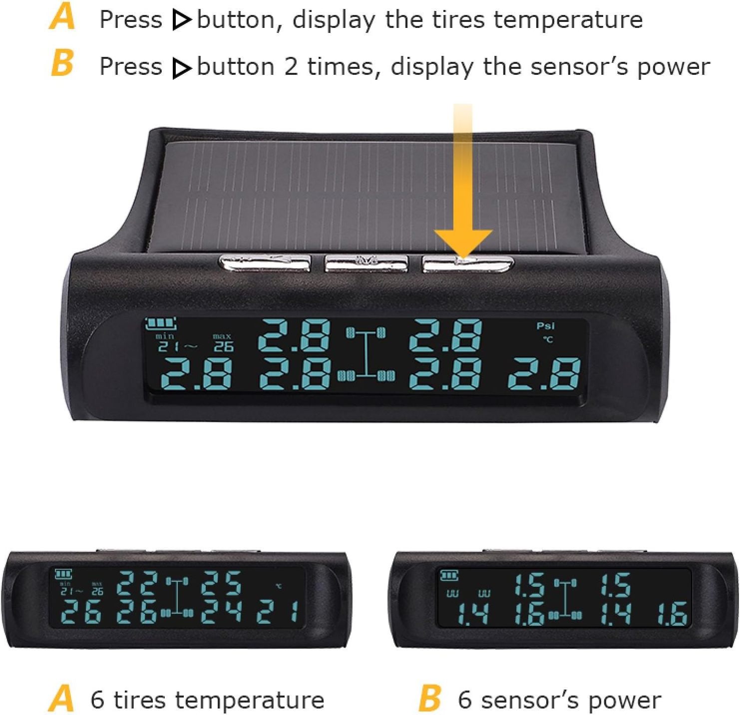 Tire Pressure Monitoring System Wireless Solar Rv TPMS Sensor Kit with 6 Tire Pressure Sensors and LCD Display