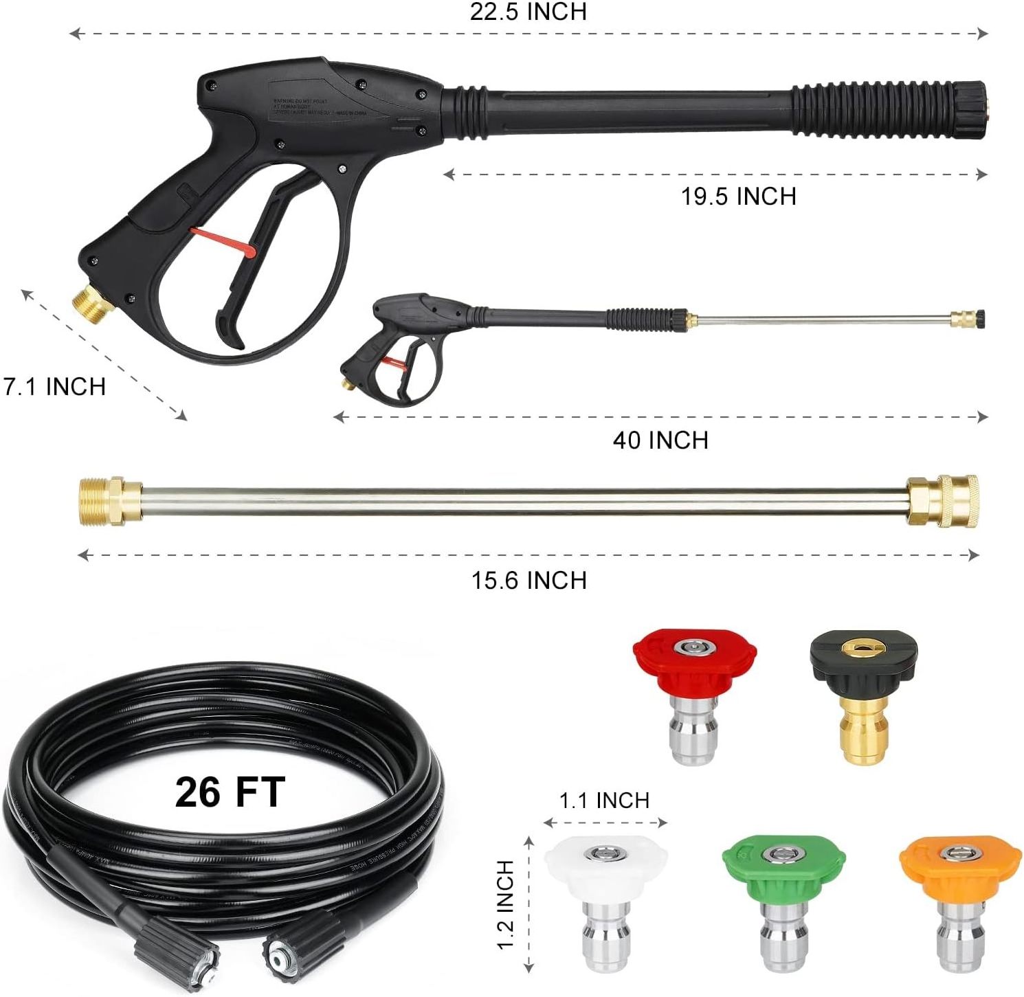 Car High Pressure Washer Gun Water Sprayer with Replacement 15in. Extension Wand 1/4 in. Quick Connect Plug 26FT Hose 5 Nozzle