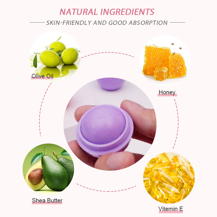 Custom Logo Vegan Organic Lip Care Moisturizing Chapstick Private Label Lip Cream Exfoliating Purple Round Ball Lip Balm