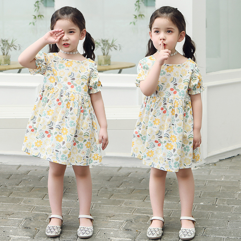 Summer Girls Dresses Short Sleeve Flower Strawberry Print Kids Princess Dress Baby Children Cotton Casual Style Kids Clothes