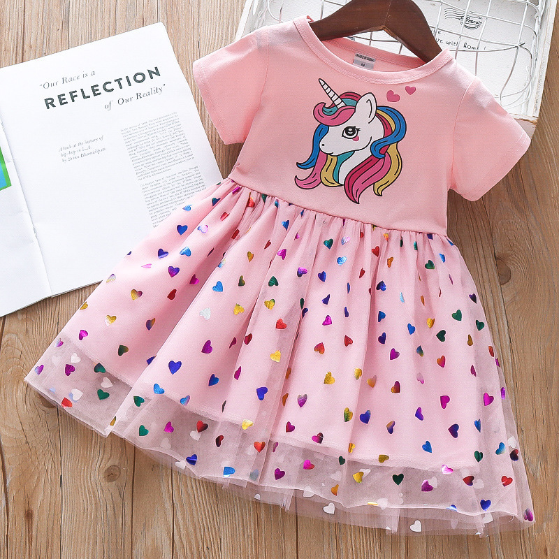 2023 New Summer Girls Dress Cotton Cartoon Unicorn Splicing Mesh Party Princess Dresses For Girls Birthday Clothes