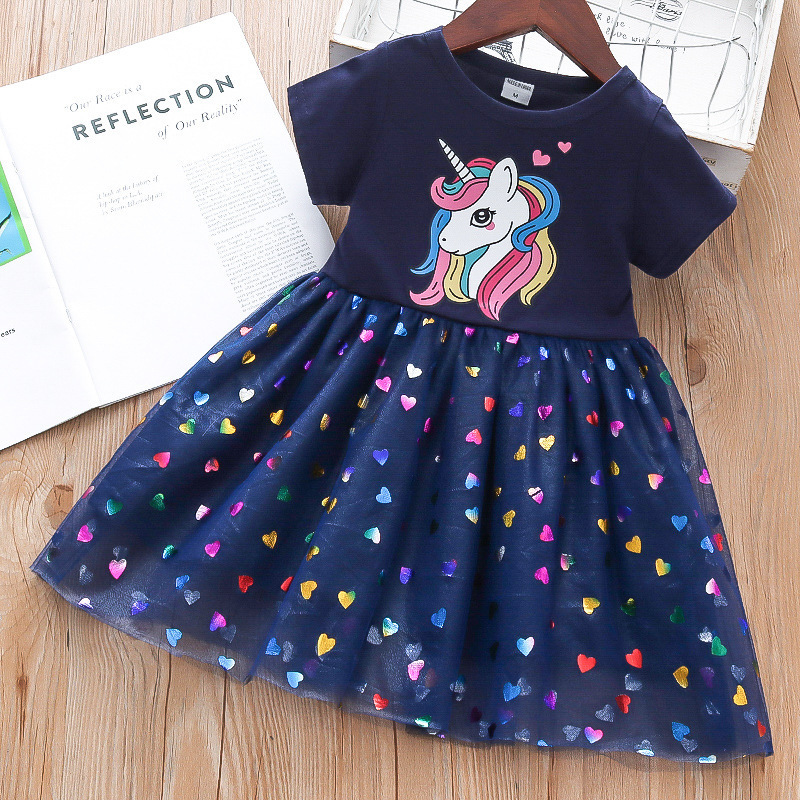 2023 New Summer Girls Dress Cotton Cartoon Unicorn Splicing Mesh Party Princess Dresses For Girls Birthday Clothes