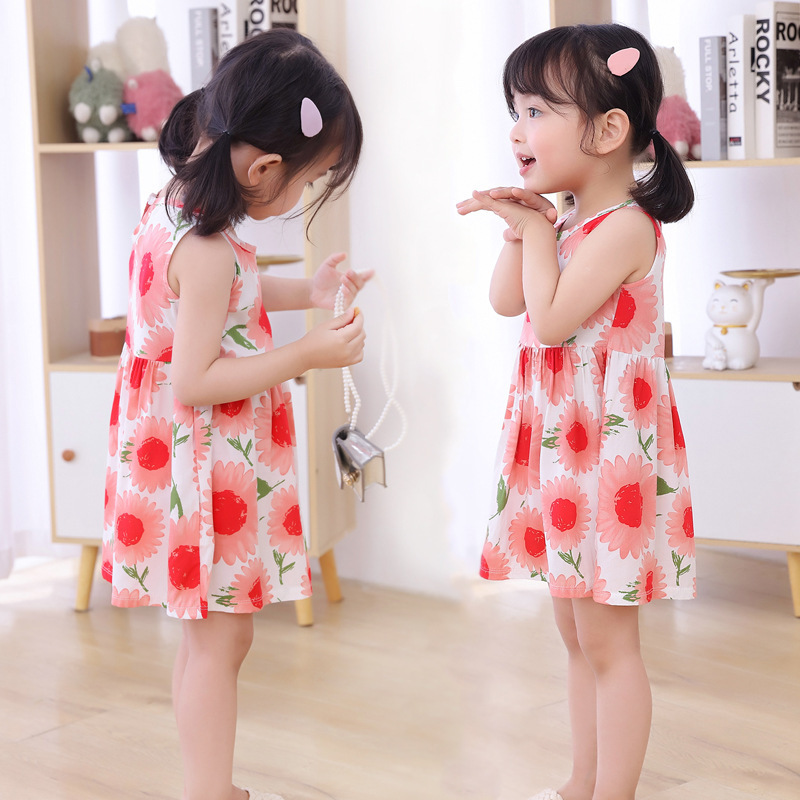 0-12 Girls Sleeveless Flower Print Dresses Kids Summer Dress Children Casual Clothes Bohemian Style Beach Dresses