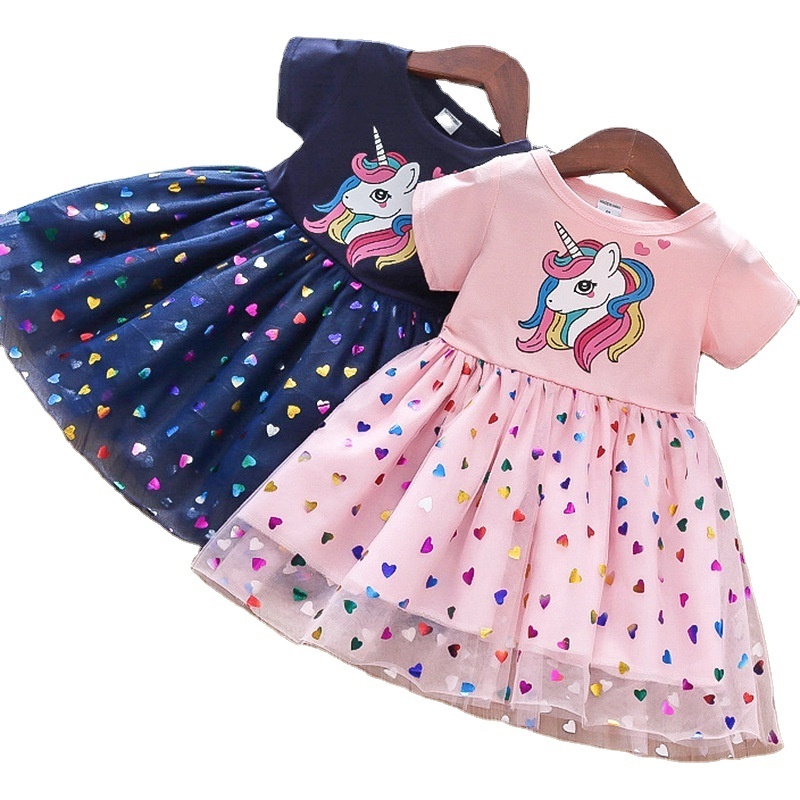 2023 New Summer Girls Dress Cotton Cartoon Unicorn Splicing Mesh Party Princess Dresses For Girls Birthday Clothes