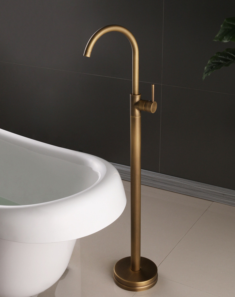 Floor Stand Faucet for Bath Tub Round Base Floor Mounted Brass Chrome Plated Tub Faucet Goose Neck Long Stand Tap