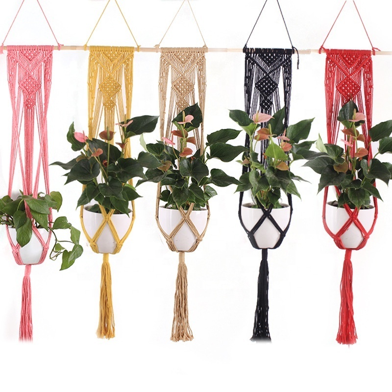 Colorful Hanging Plant Holders Crochet Macrame Plant Hangers Flower Pot Holder with Hooks Boho Home Decor Cotton Rope Net Pocket