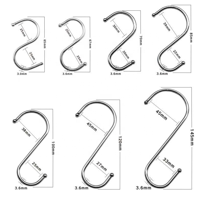 7 Sizes S Hook Stainless Steel Metal Hangers Hanging Hooks for Pan Pots Utensils Closet Clothes Bags Towels Plants Kitchen Hooks