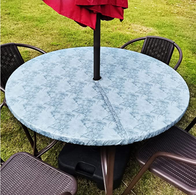 Vinyl Round Fitted Tablecloth Oil&Waterproof  Wipeable with Umbrella Hole with Flannel Backing  Elastic Edge Table Cover - Grey