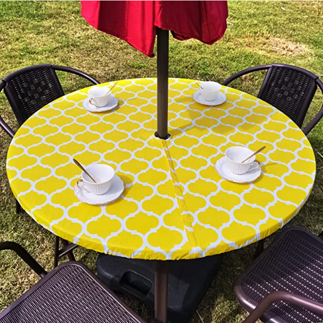 Vinyl Round Fitted Table Cloth with Umbrella Hole Table Cover with Flannel Backing Oil&Waterproof Wipeable Vibrant  Elastic Edge