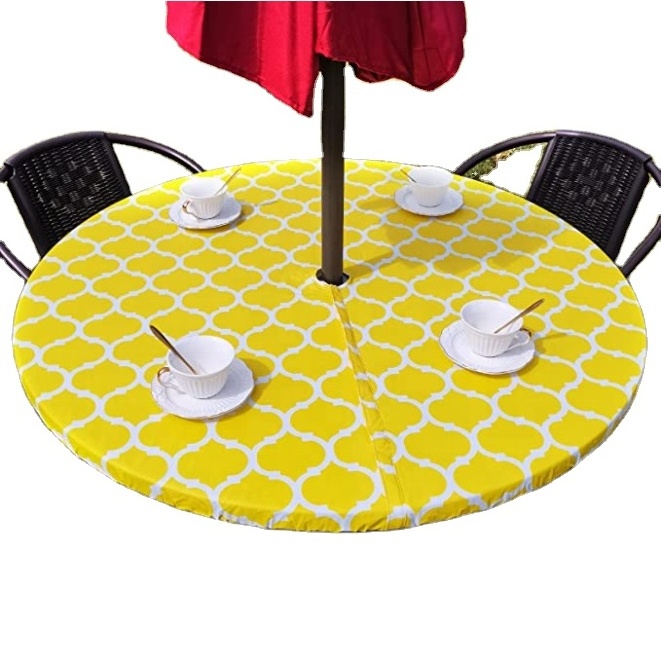 Factory promote custom circular dining table Outdoor courtyard with umbrella hole location wrapped edge elastic pvc tablecloth