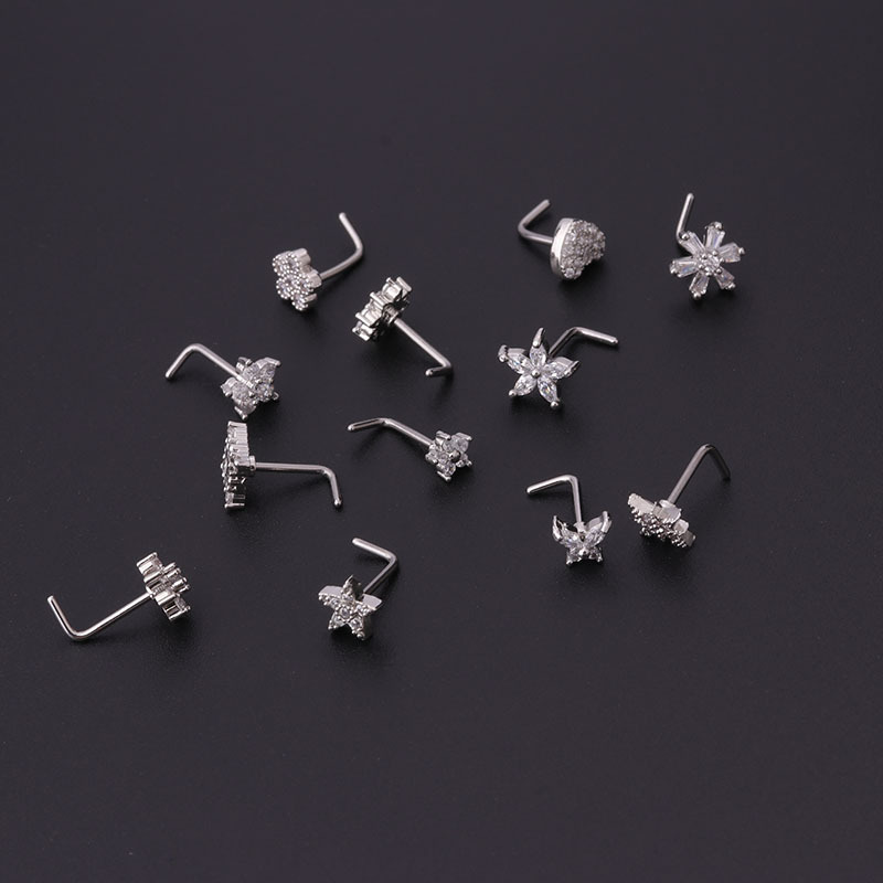 1Pc 20G Stainless Steel Cz Bone Nose Piercing Creative Flower Heart Star L Shape Nose Ring Stud Nose Body Piercing Jewelry /