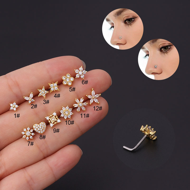 1Pc 20G Stainless Steel Cz Bone Nose Piercing Creative Flower Heart Star L Shape Nose Ring Stud Nose Body Piercing Jewelry /