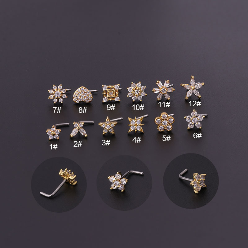 1Pc 20G Stainless Steel Cz Bone Nose Piercing Creative Flower Heart Star L Shape Nose Ring Stud Nose Body Piercing Jewelry /