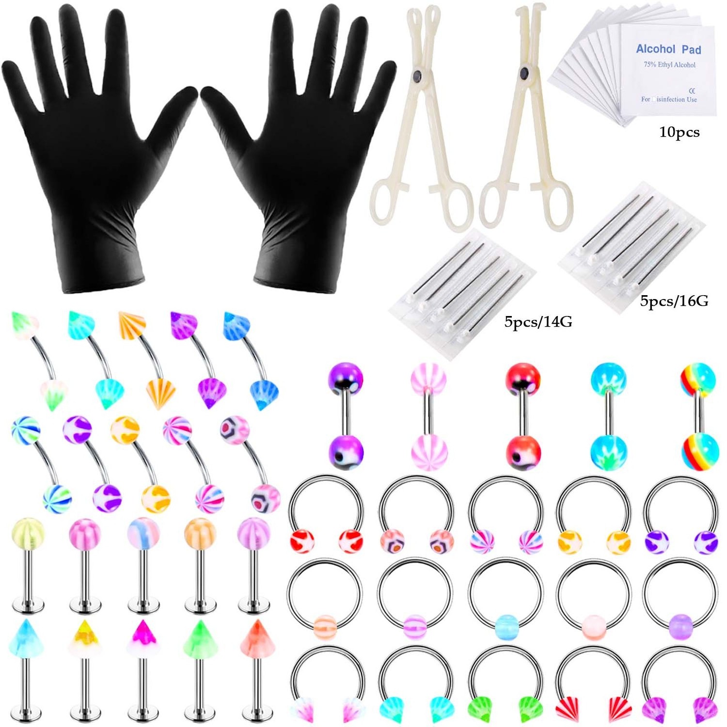 42Pc Belly Button Nose Septum Ear Tragus Labret Lip Monroe Surgical Steel Jewelry Tools Needles Clamps Body Piercing Kit