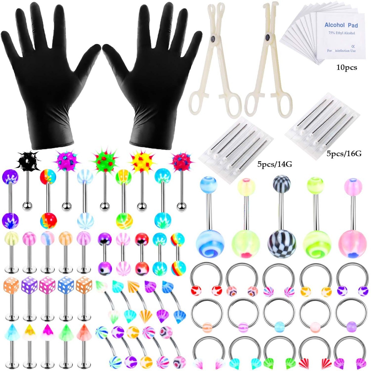 42Pc Belly Button Nose Septum Ear Tragus Labret Lip Monroe Surgical Steel Jewelry Tools Needles Clamps Body Piercing Kit