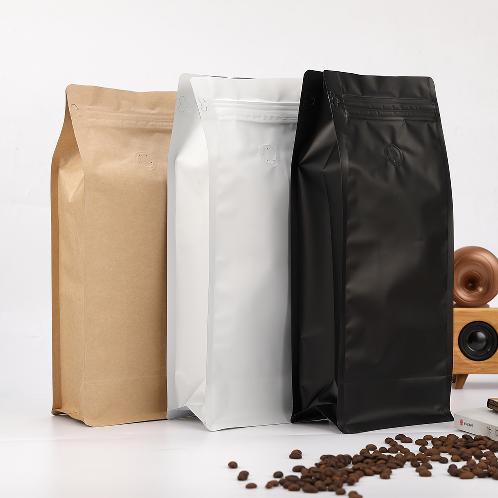 Custom digital printing coffee bean powder packing bag wholesale cheap black white flat bottom coffee bag with easy tear zipper