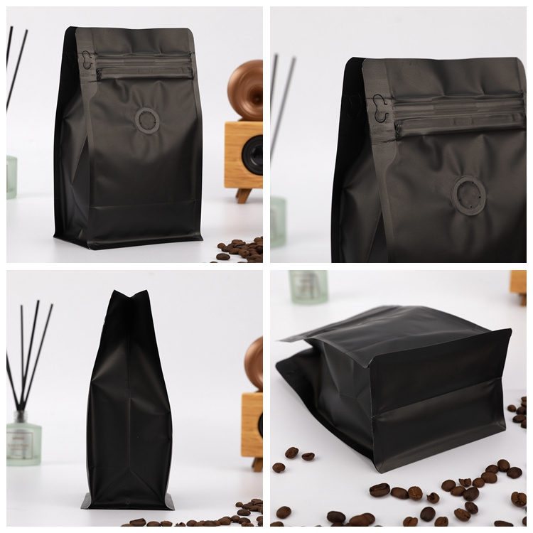 Custom digital printing coffee bean powder packing bag wholesale cheap black white flat bottom coffee bag with easy tear zipper