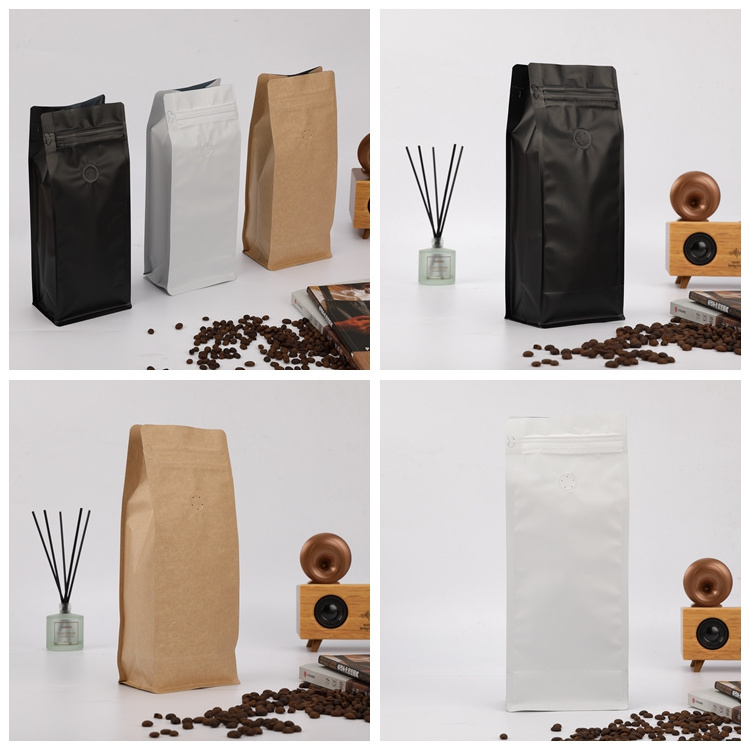 Custom digital printing coffee bean powder packing bag wholesale cheap black white flat bottom coffee bag with easy tear zipper