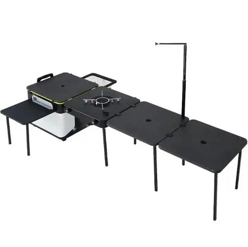 Portable mobile kitchen equipped with foldable cooking table and storage table for outdoor camping and picnics