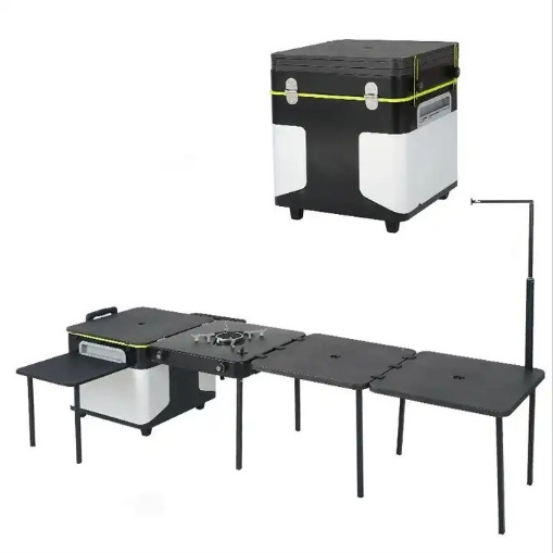 Portable mobile kitchen equipped with foldable cooking table and storage table for outdoor camping and picnics