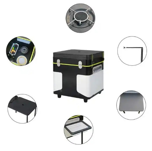 Portable mobile kitchen equipped with foldable cooking table and storage table for outdoor camping and picnics