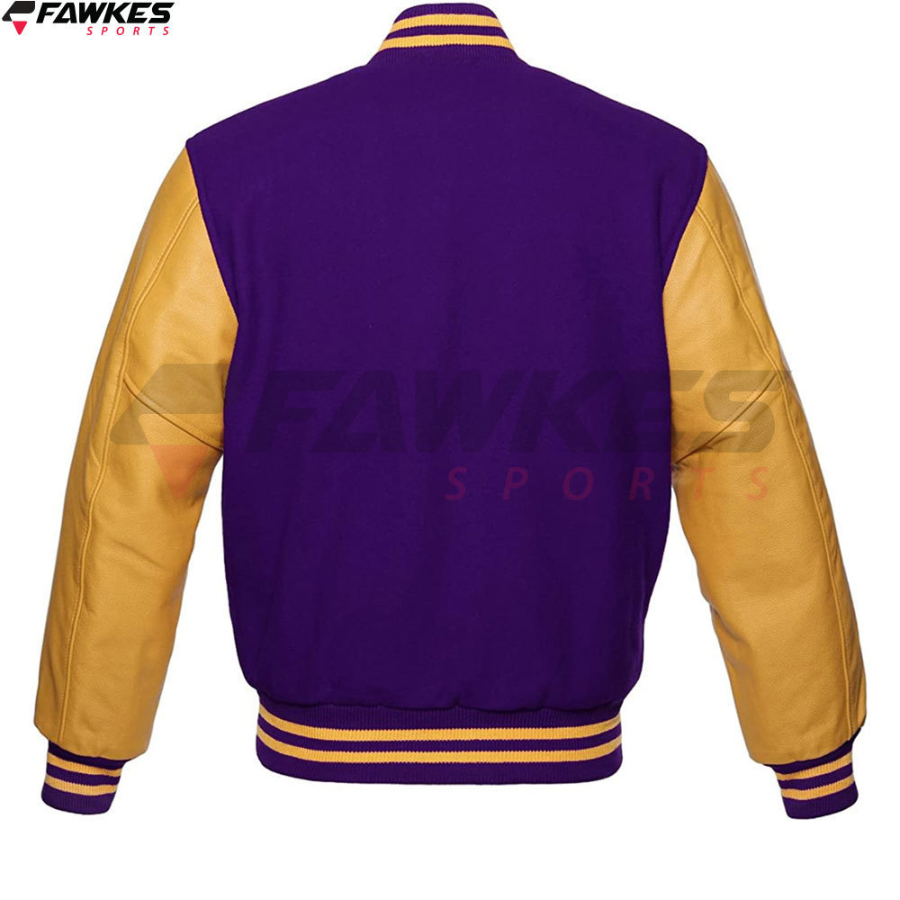 Premium Letterman Baseball School College Bomber Varsity Jacket Purple & Gold Genuine Leather Sleeves