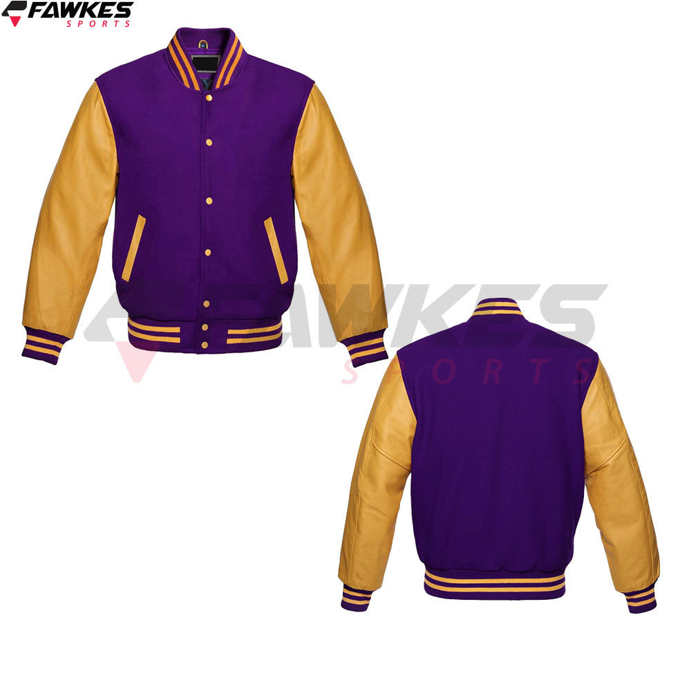 Premium Letterman Baseball School College Bomber Varsity Jacket Purple & Gold Genuine Leather Sleeves