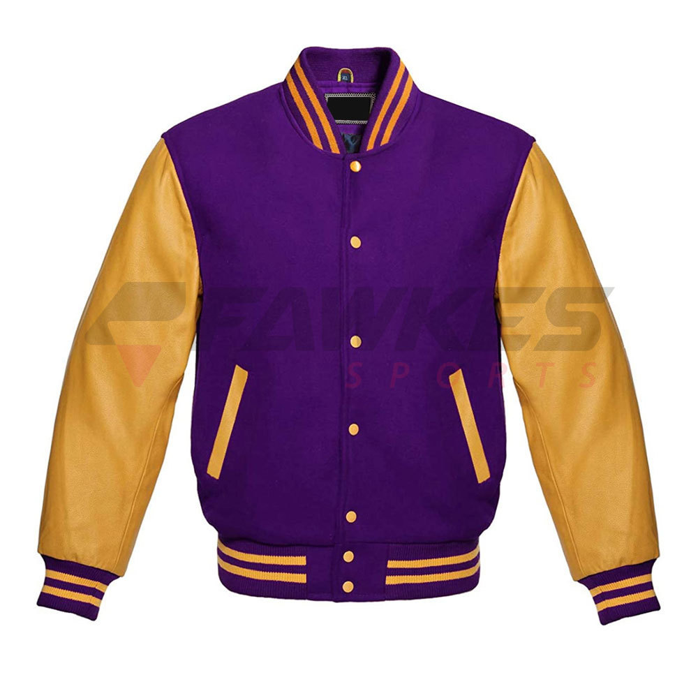 Premium Letterman Baseball School College Bomber Varsity Jacket Purple & Gold Genuine Leather Sleeves