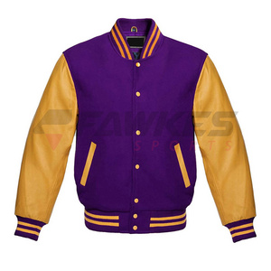 Premium Letterman Baseball School College Bomber Varsity Jacket Purple & Gold Genuine Leather Sleeves