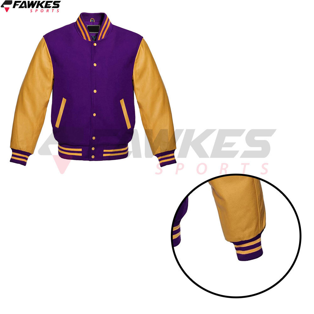 Premium Letterman Baseball School College Bomber Varsity Jacket Purple & Gold Genuine Leather Sleeves