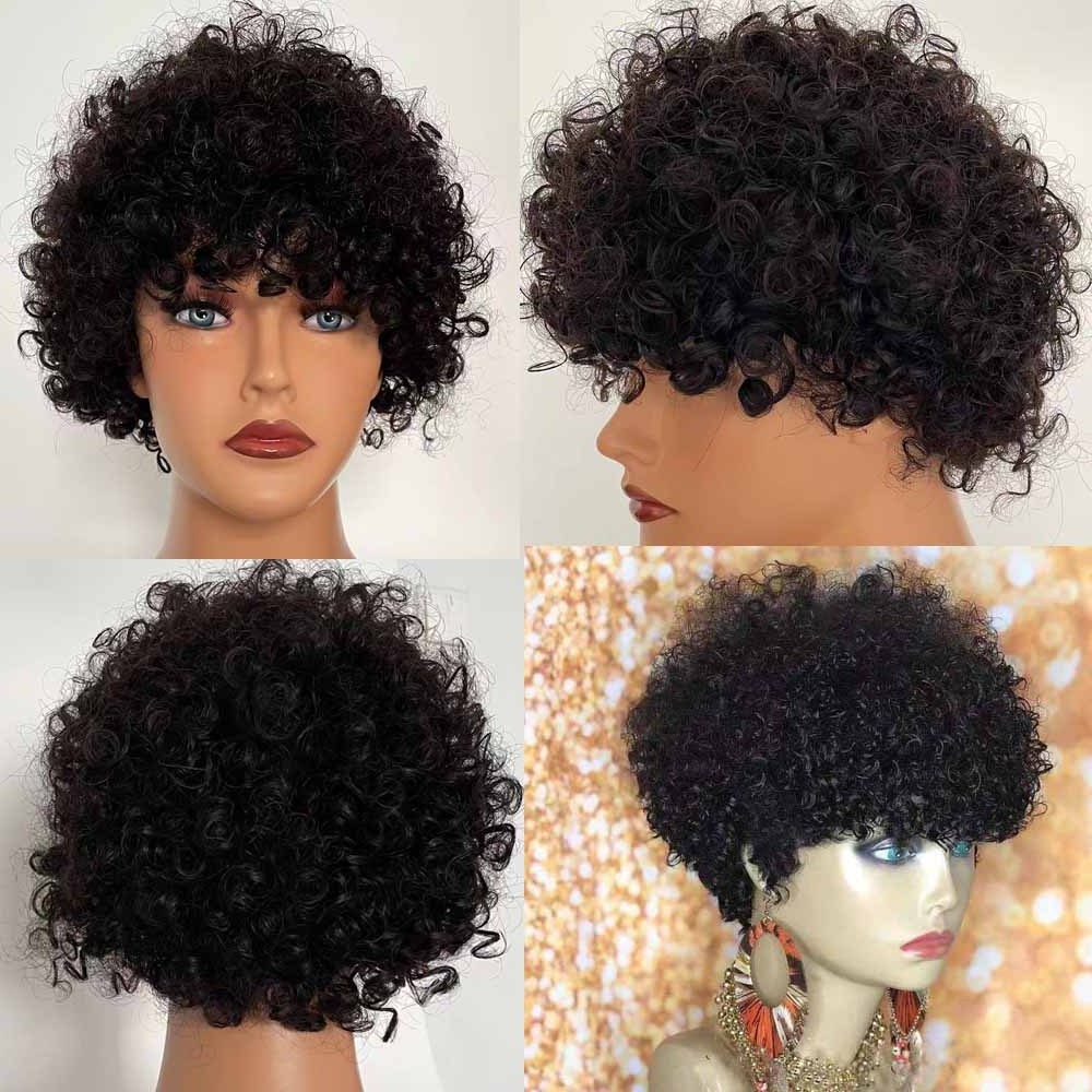 Hair Brazilian Short Machine Made Wig Afro Kinky Curly Wig Natural Color Remy 1b# Human Hair Wigs For Black Women