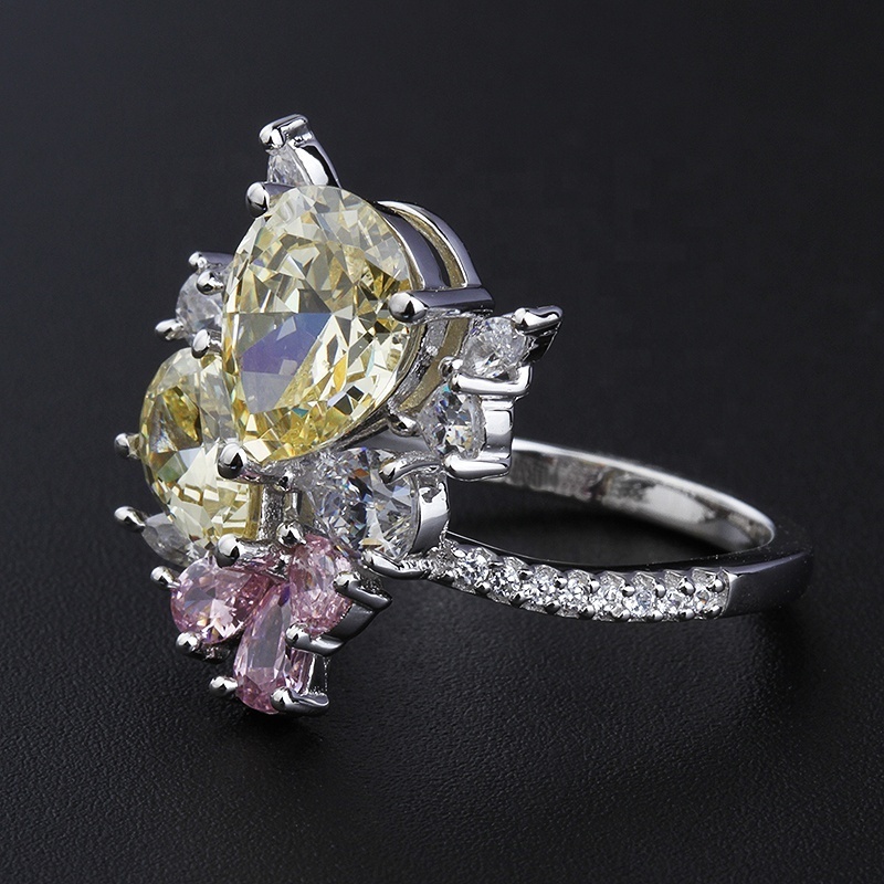 women luxury jewelry engagement pear cut stacking yellow pink diamond cz zirconia 18k gold plated s925 silver cocktail ring