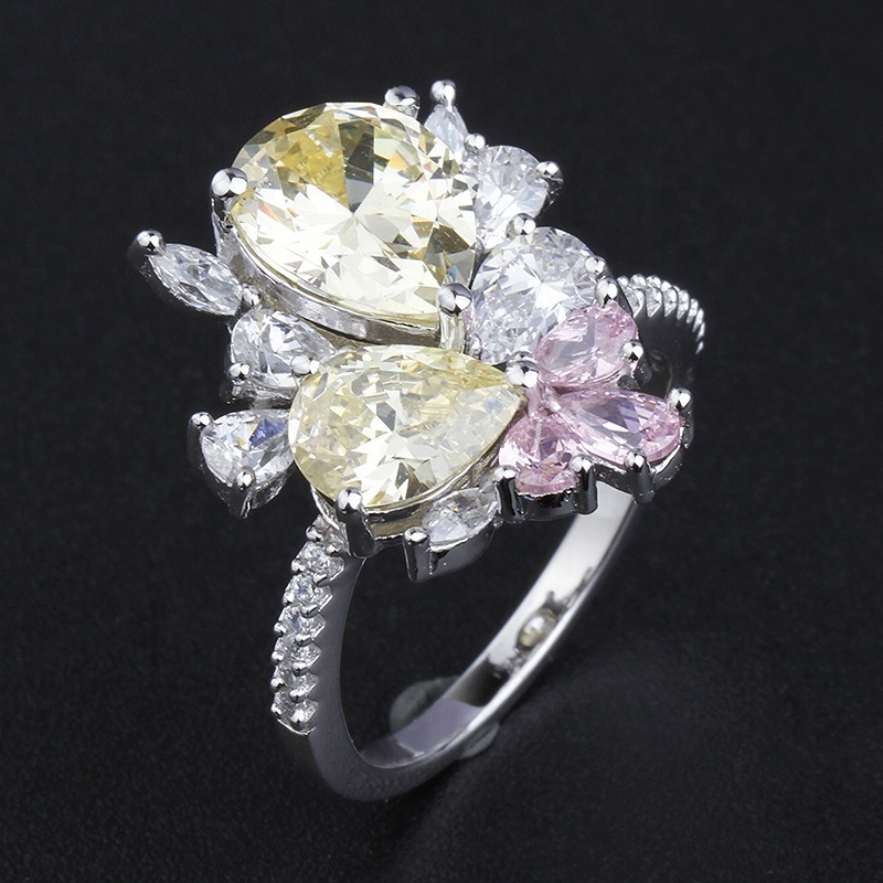 women luxury jewelry engagement pear cut stacking yellow pink diamond cz zirconia 18k gold plated s925 silver cocktail ring