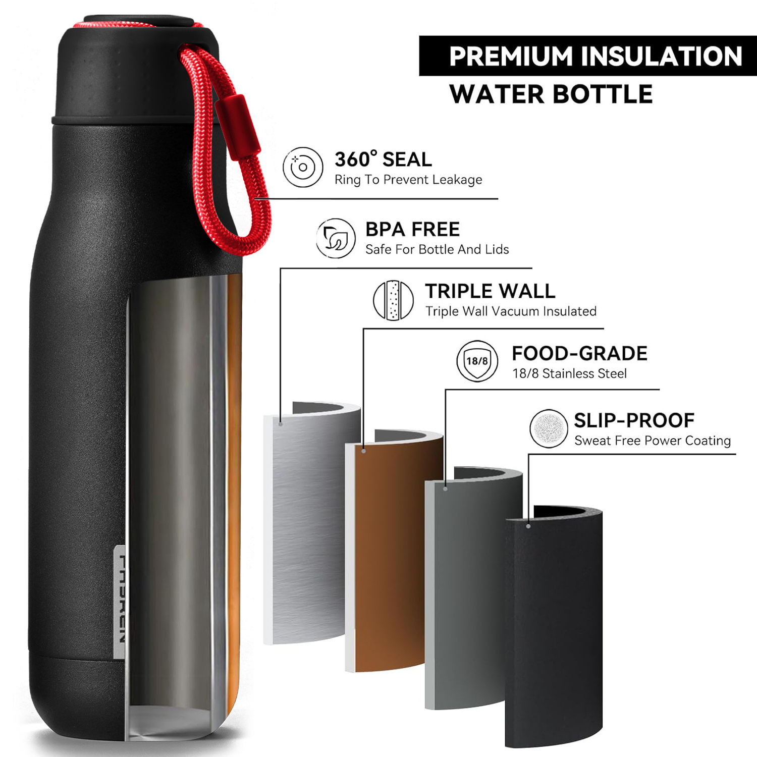 Custom Logo Eco Friendly Bpa Free Vacuum Insulated Double- Wall Stainless Steel Water Bottle With Carrying rope